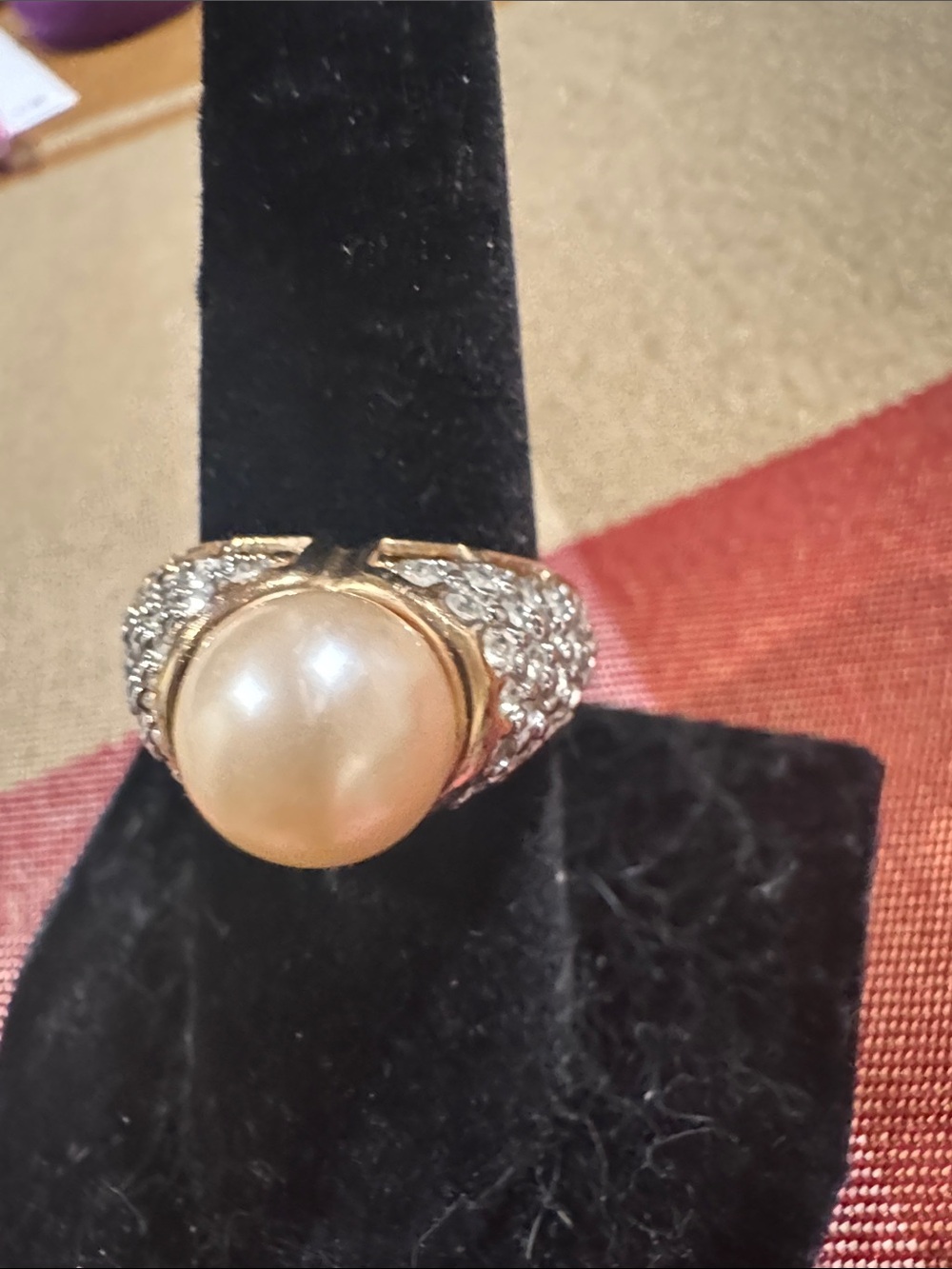 Gold-Tone Pearl Cocktail Ring with Clear Crystal Accents - Women Jewelry